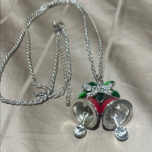 Kohl's Silver and Red Bell Necklace with Green Accents